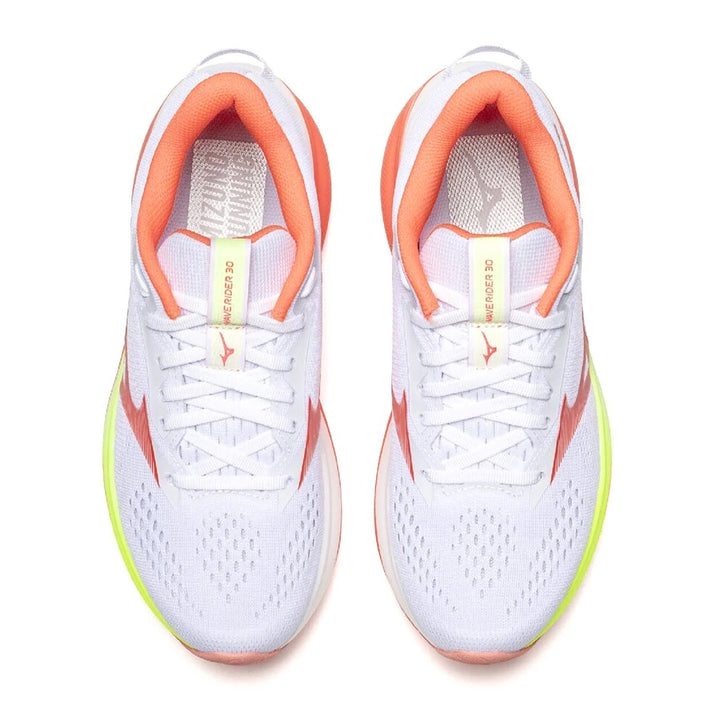 MIZUNO Wave Rider 30 Womens (B) White/Flamingo Coral/Lime Pulp