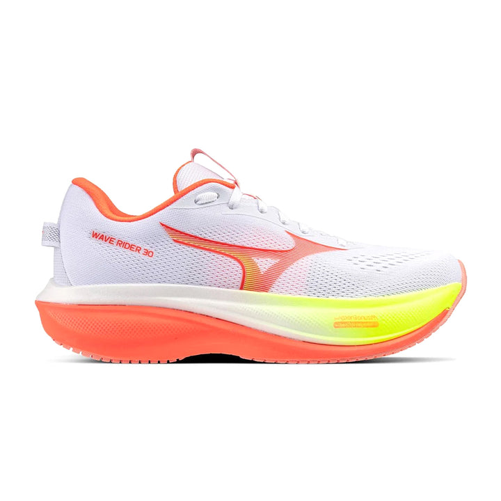 MIZUNO Wave Rider 30 Womens (B) White/Flamingo Coral/Lime Pulp