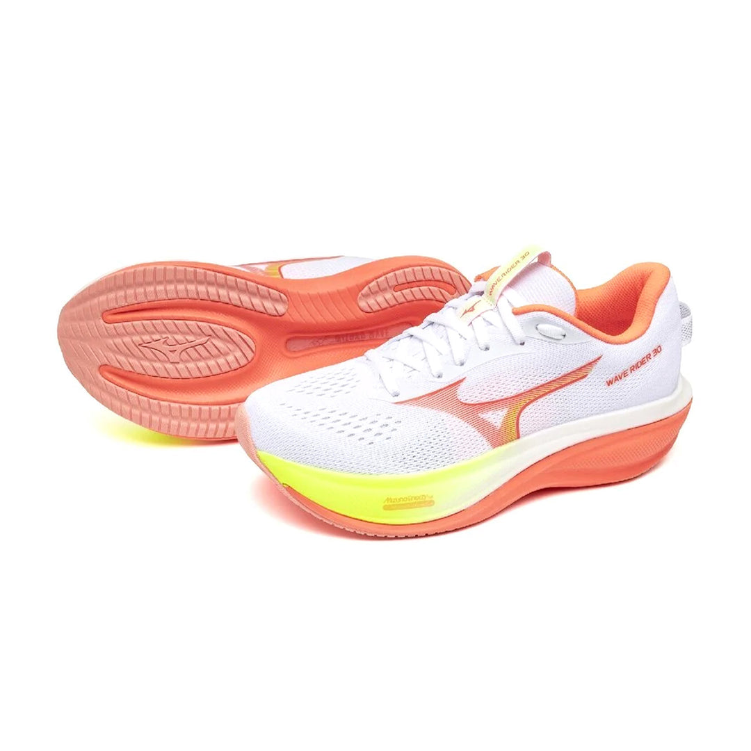 MIZUNO Wave Rider 30 Womens (B) White/Flamingo Coral/Lime Pulp