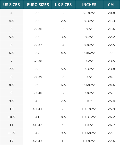 women's footwear size guide